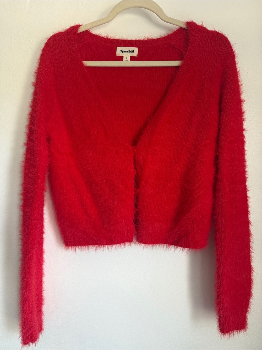 Open Edit Cozy Red Fuzzy V-Neck Cropped Cardigan